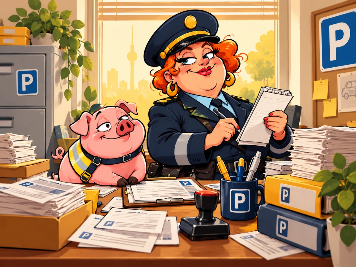 Uschi und ihr Schweinchen im B&uuml;ro, umgeben von Kn&ouml;llchen, Akten und einem gro&szlig;en Stempel.